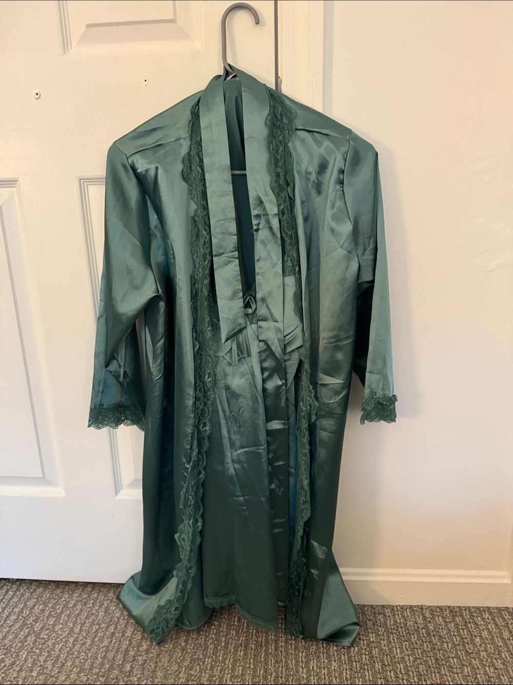 Satin Lace-Trim Robe in Teal Green